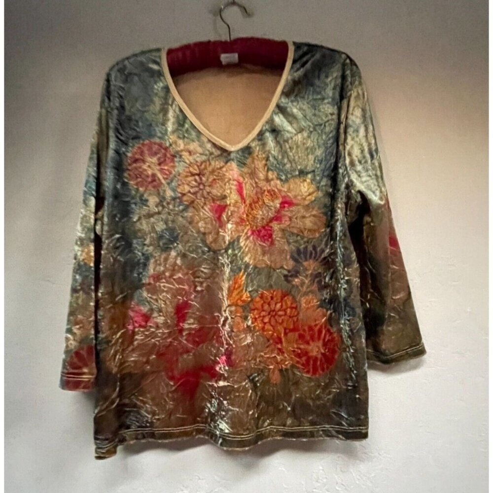 DB Sport Women's V-Neck 3/4 Sleeve Floral Velvet Top XL Multicolor Stretch
